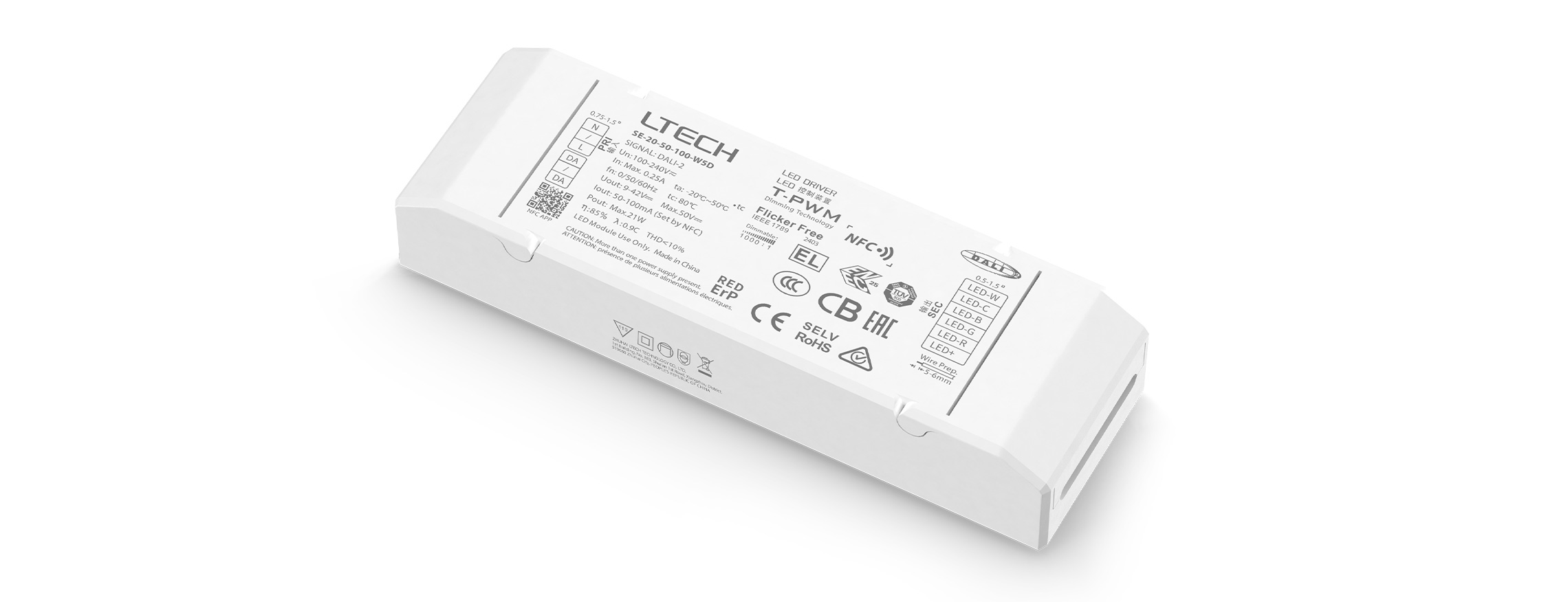 20W 50-100mA NFC可編程DALI-2 RGBCW調(diào)光電源 SE-20-50-100-W5D